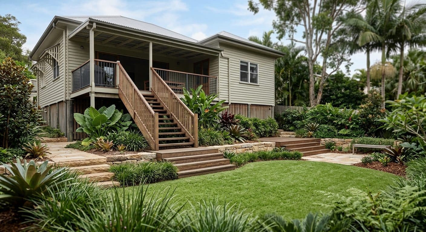 A designed backyard behind a raised post-war Brisbane home, timber stairs and terraces connecting a new deck to a level lawn with layered planting.