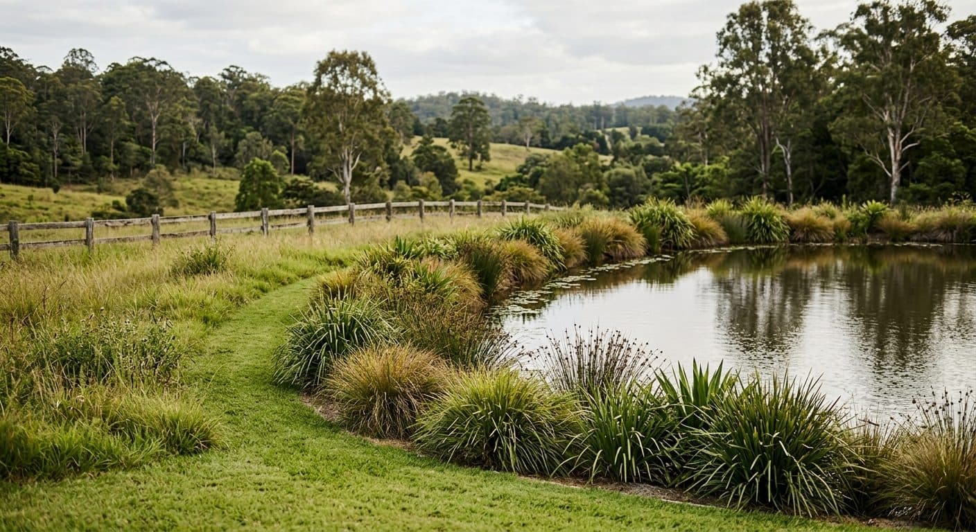 A Brookfield acreage dam with shaped, planted edges and sedges, a mown lawn edge meeting long paddock grass and post-and-rail fencing beyond.