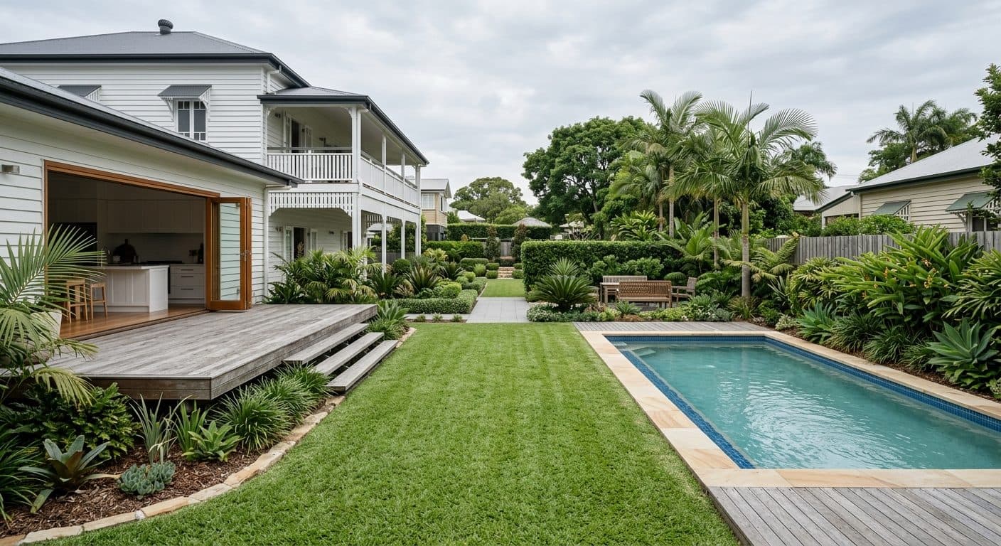 A flat Bulimba peninsula backyard behind a renovated Queenslander, a level lawn and pool with garden rooms structuring the long block, a deck opening from the kitchen.