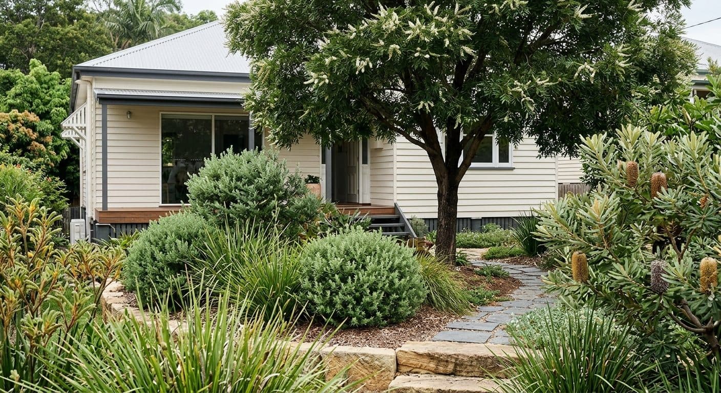 A native-modern garden on a Camp Hill block, layered grasses, westringia and banksia with clean lines softening a renovated weatherboard home, an ivory curl tree for shade.