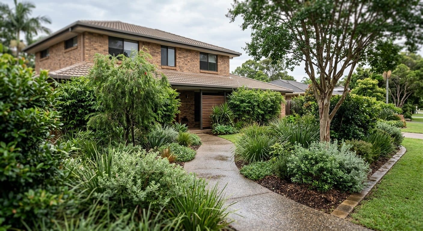 An updated garden on a generous 1980s Carindale block, layered screening planting restoring privacy and a modern front garden of massed plants and trees refreshing a brick facade.