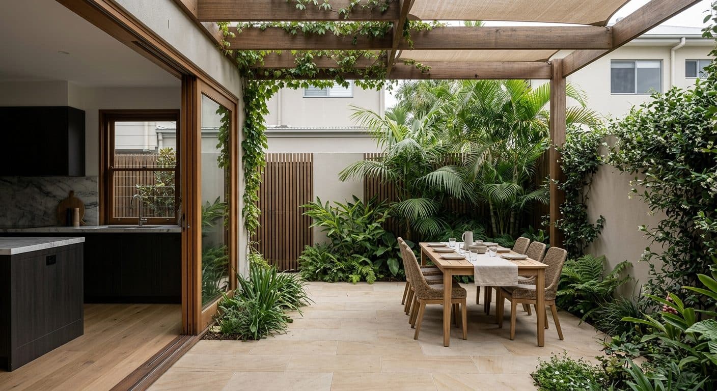 A level urban courtyard garden near Hamilton's Racecourse Road, privacy screening, overhead shade and an easy flow from kitchen to a paved dining table.