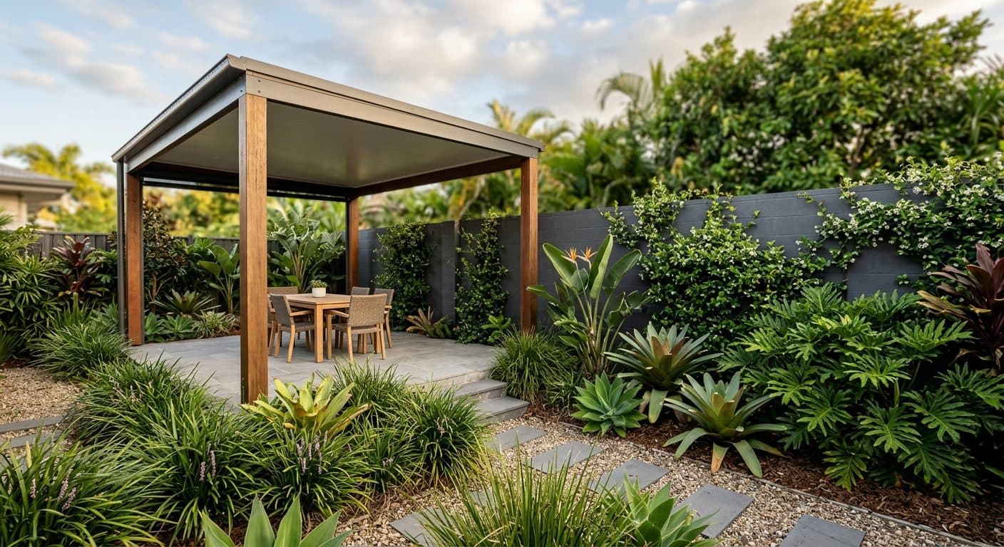 A new-estate garden in Springfield Lakes designed for the western sun, a shaded entertaining area and structured contemporary planting softening rendered fences.