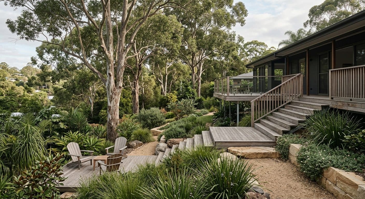 A native-modern garden beneath established gums on a sloping Kenmore split-level block, structured native planting replacing tired shrubbery, a deck connecting a highset living room to the garden below.