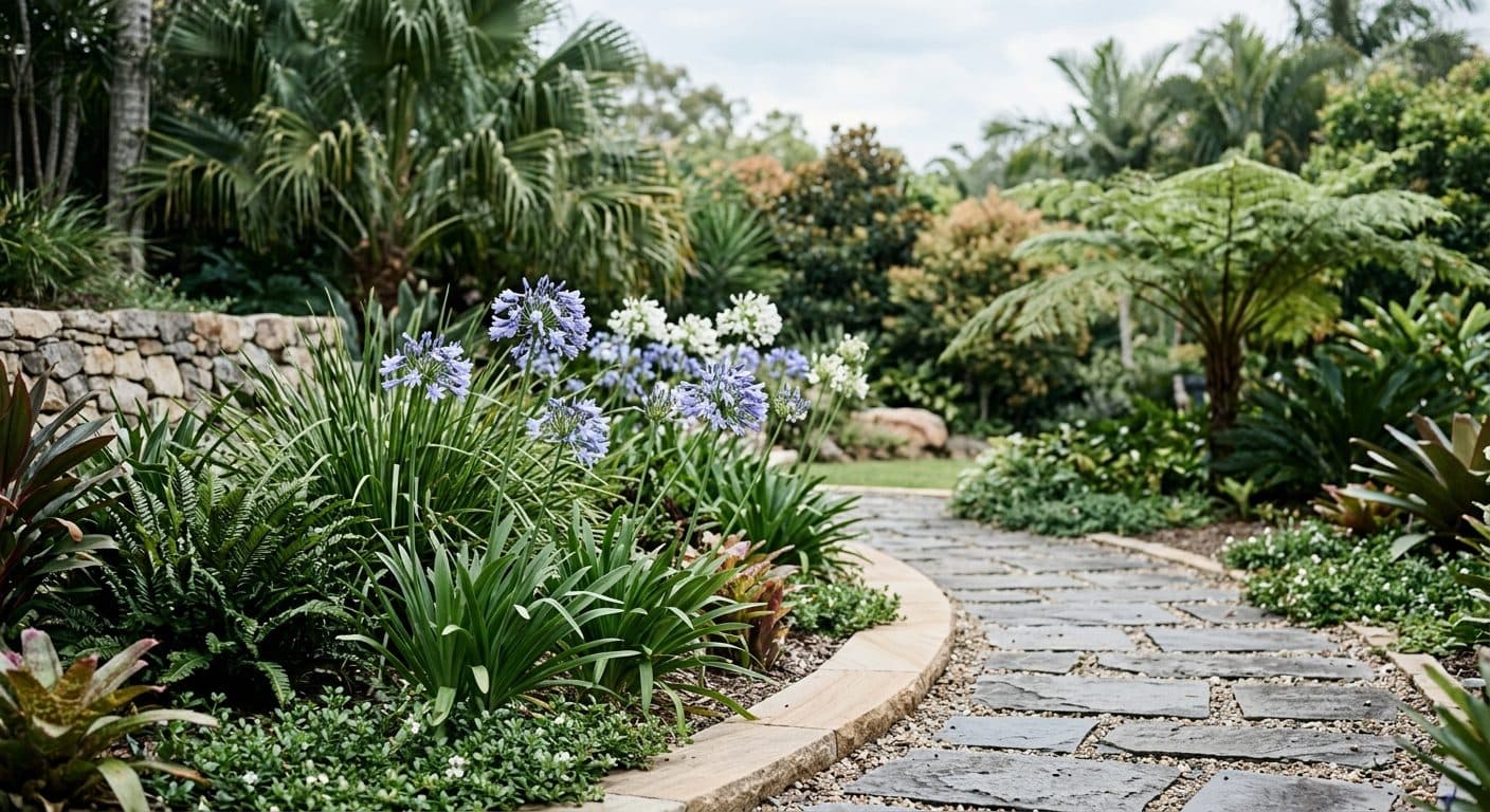 Blue agapanthus flower globes on tall stems above strappy green foliage in a Brisbane summer garden in a Brisbane garden setting