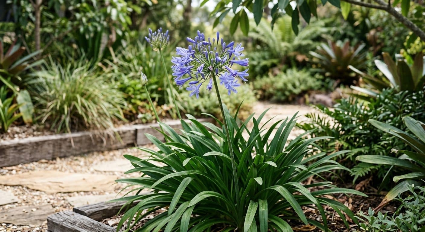Blue agapanthus flower globes on tall stems above strappy green foliage in a Brisbane summer garden detail