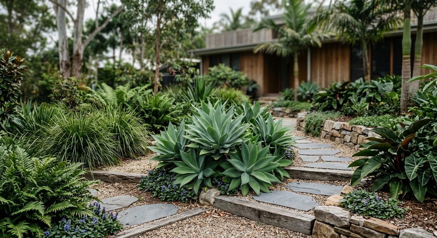 Soft blue-green rosette of a spineless Agave attenuata succulent in a Brisbane courtyard garden in a Brisbane garden setting
