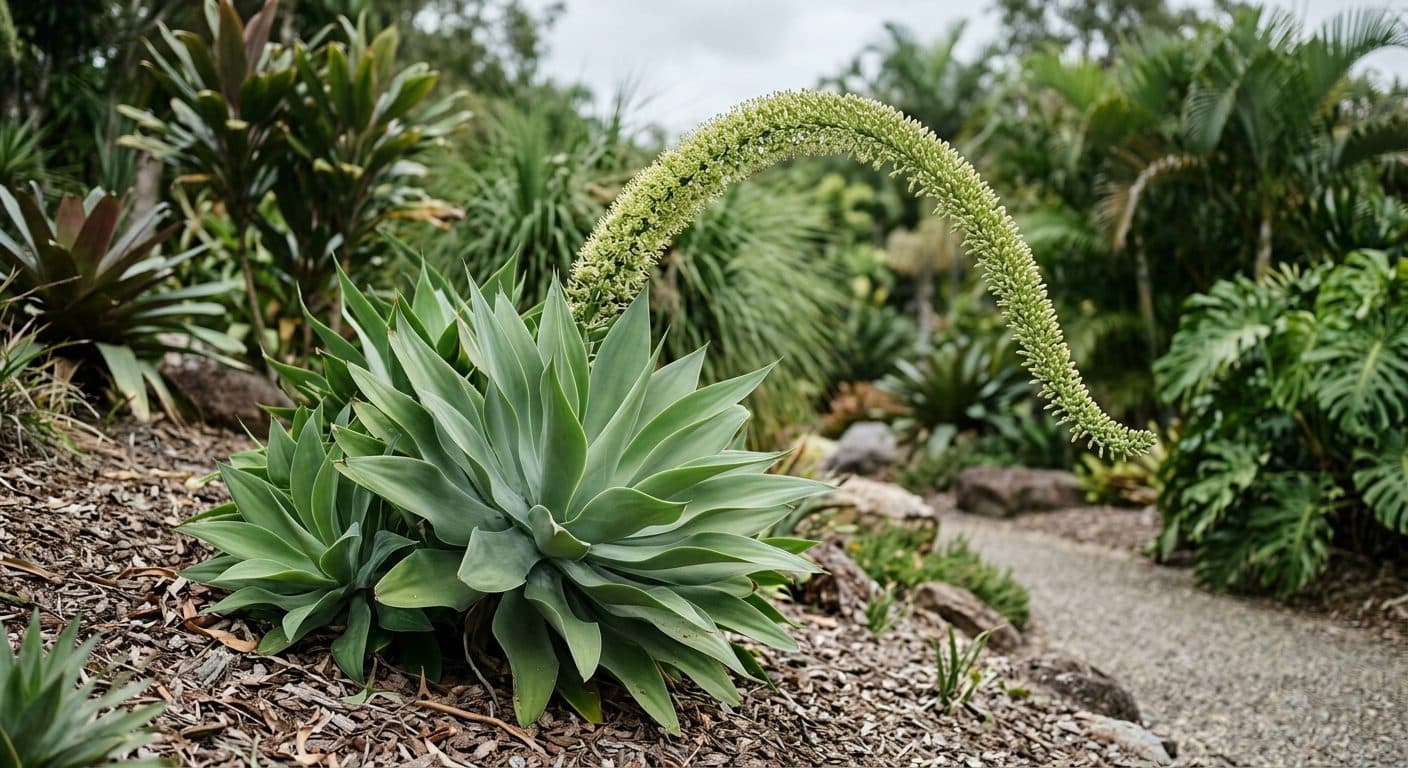 Soft blue-green rosette of a spineless Agave attenuata succulent in a Brisbane courtyard garden detail
