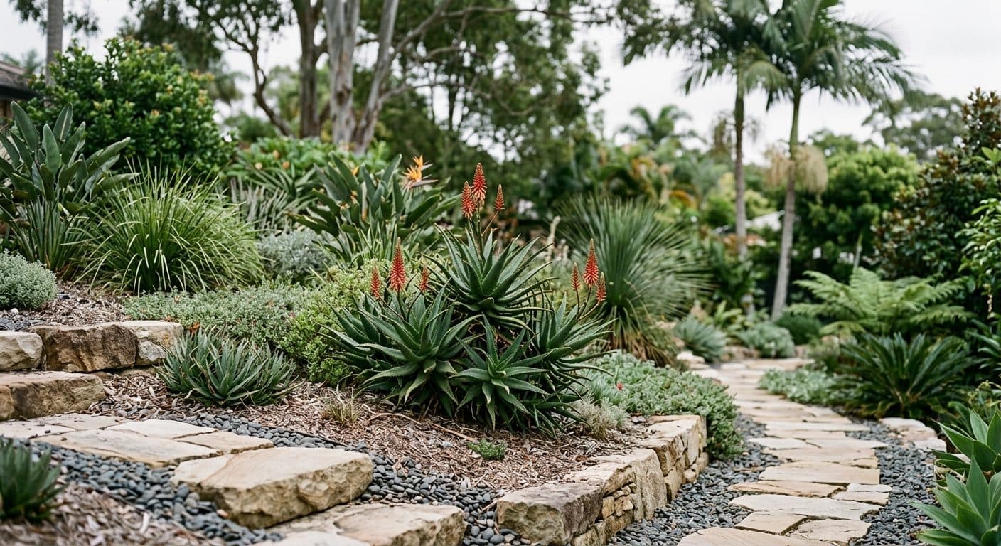 Orange-red winter flower spikes rising above fleshy grey-green aloe rosettes in a Brisbane garden in a Brisbane garden setting