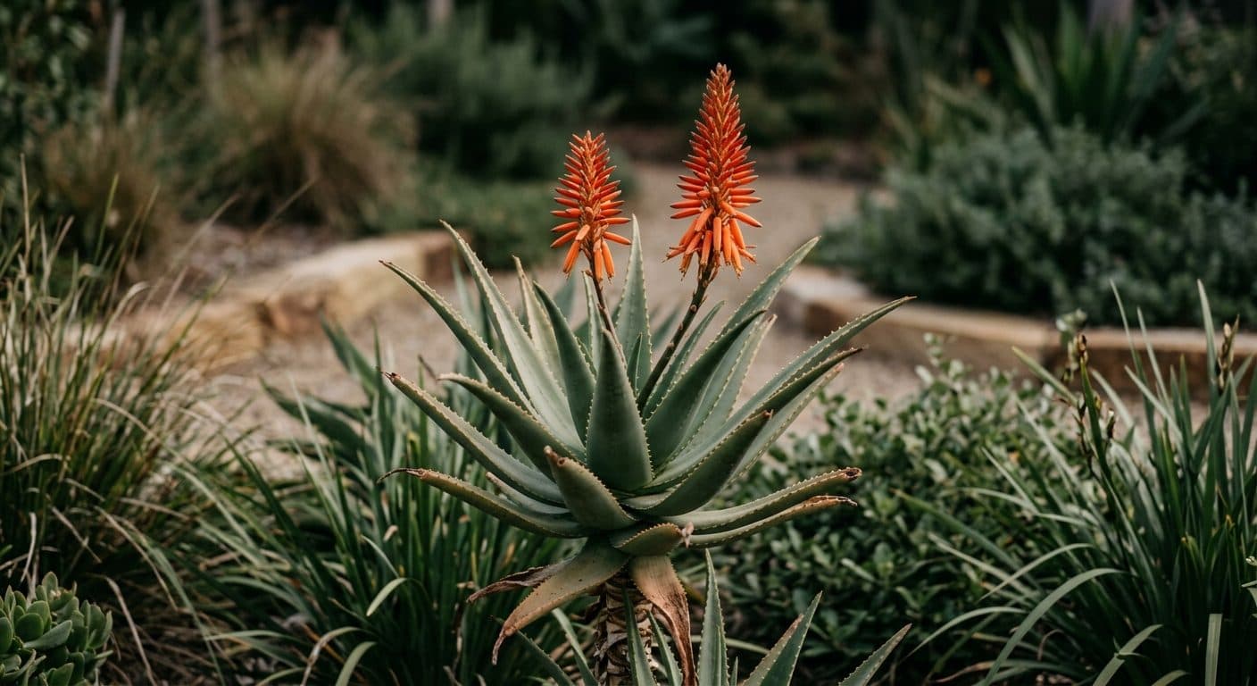 Orange-red winter flower spikes rising above fleshy grey-green aloe rosettes in a Brisbane garden detail