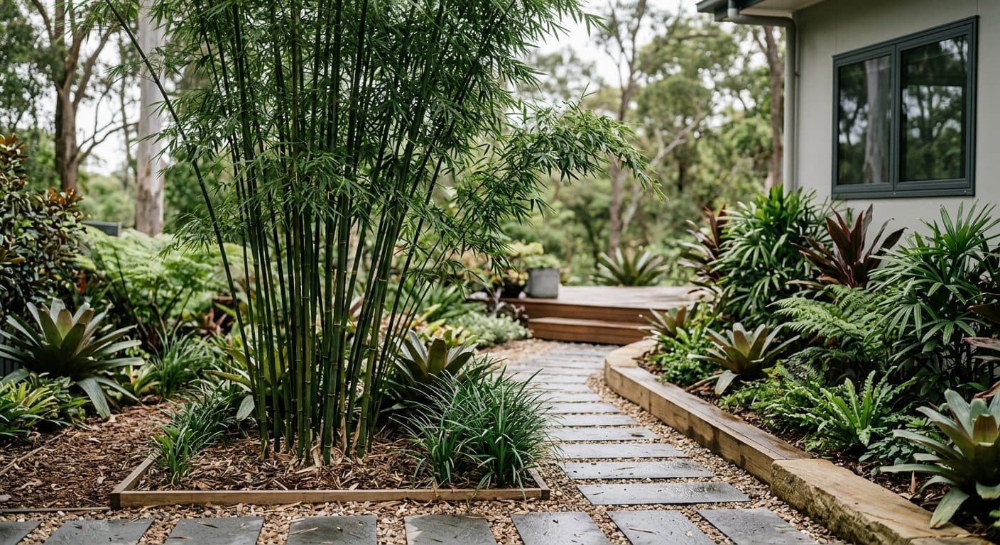 Tall slender canes and fine green foliage of clumping gracilis bamboo screening a Brisbane boundary in a Brisbane garden setting