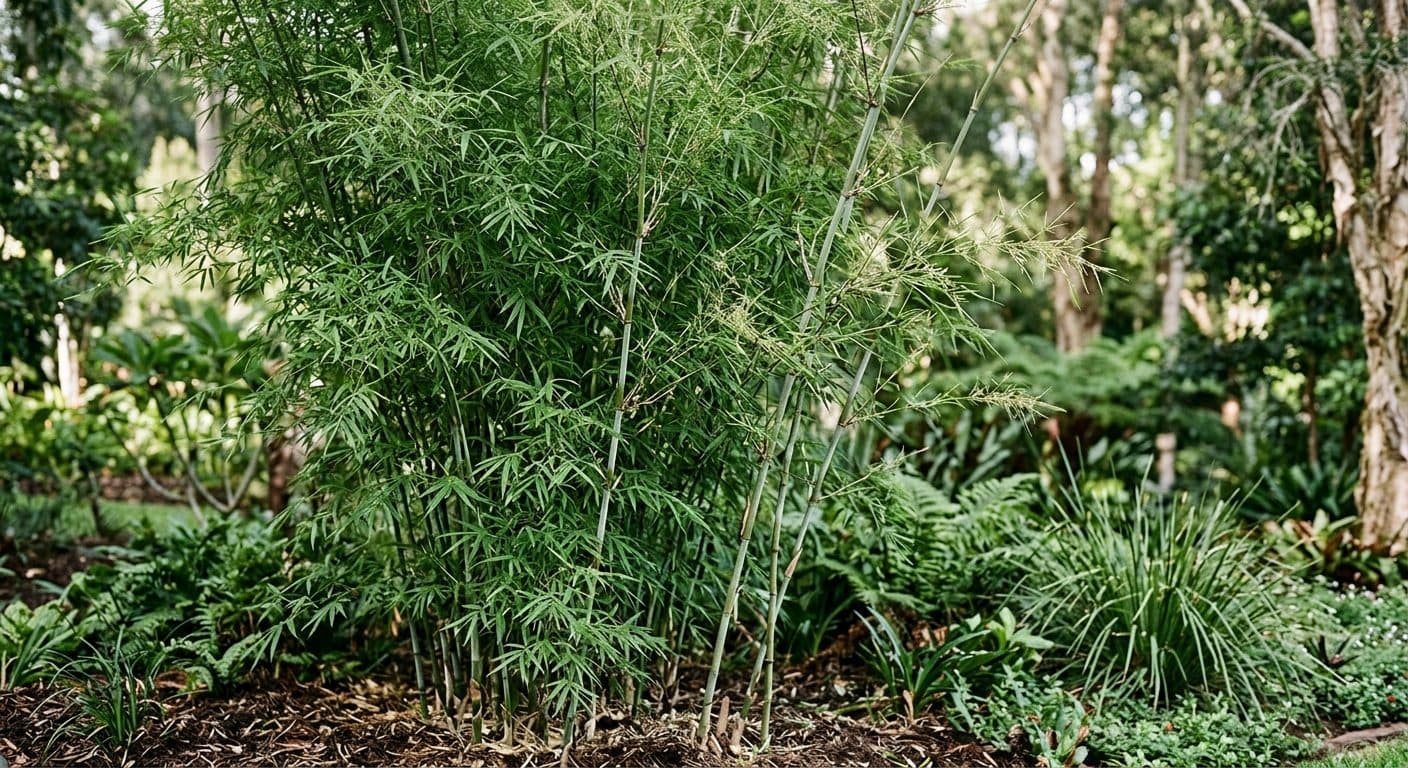 Tall slender canes and fine green foliage of clumping gracilis bamboo screening a Brisbane boundary detail