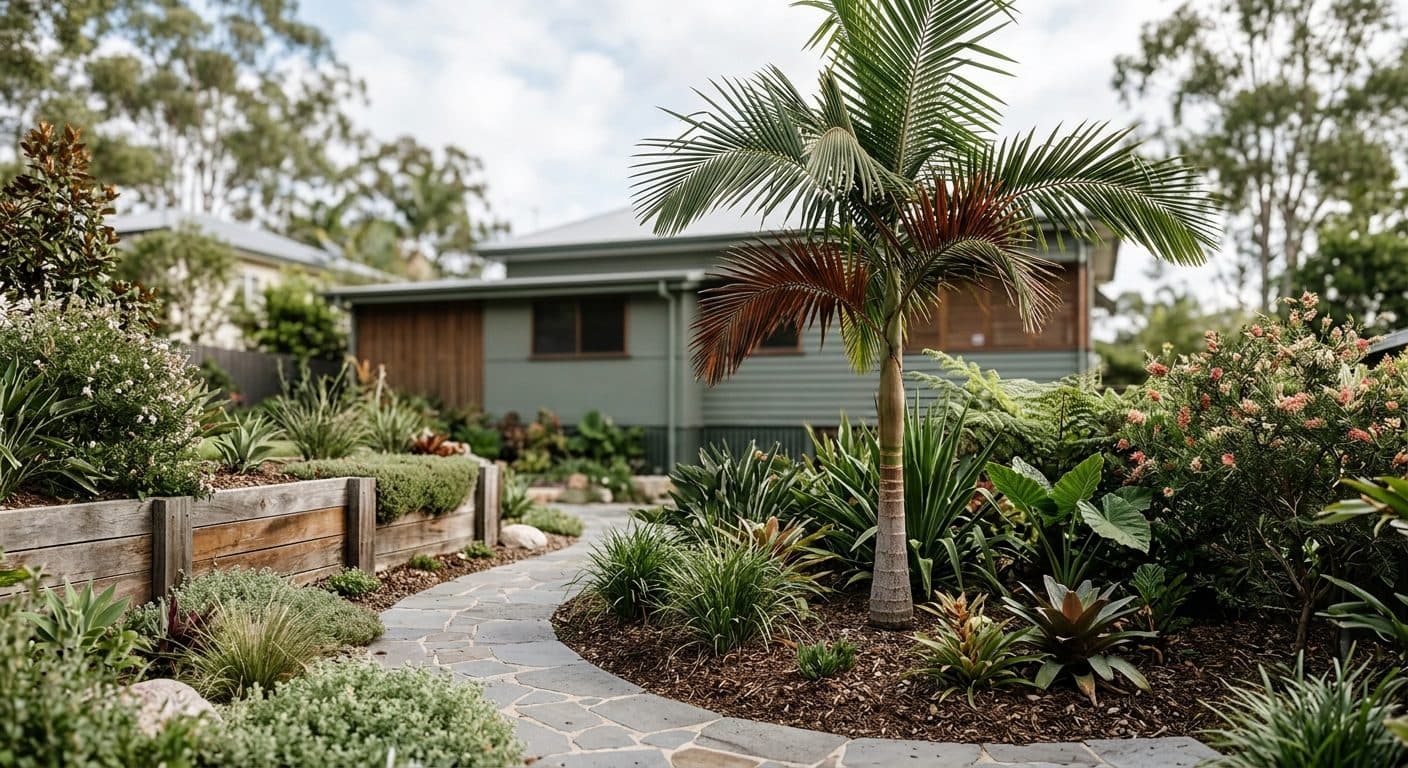 Tall bangalow palm with arching feather fronds and a slim green crownshaft in a Brisbane rainforest garden in a Brisbane garden setting