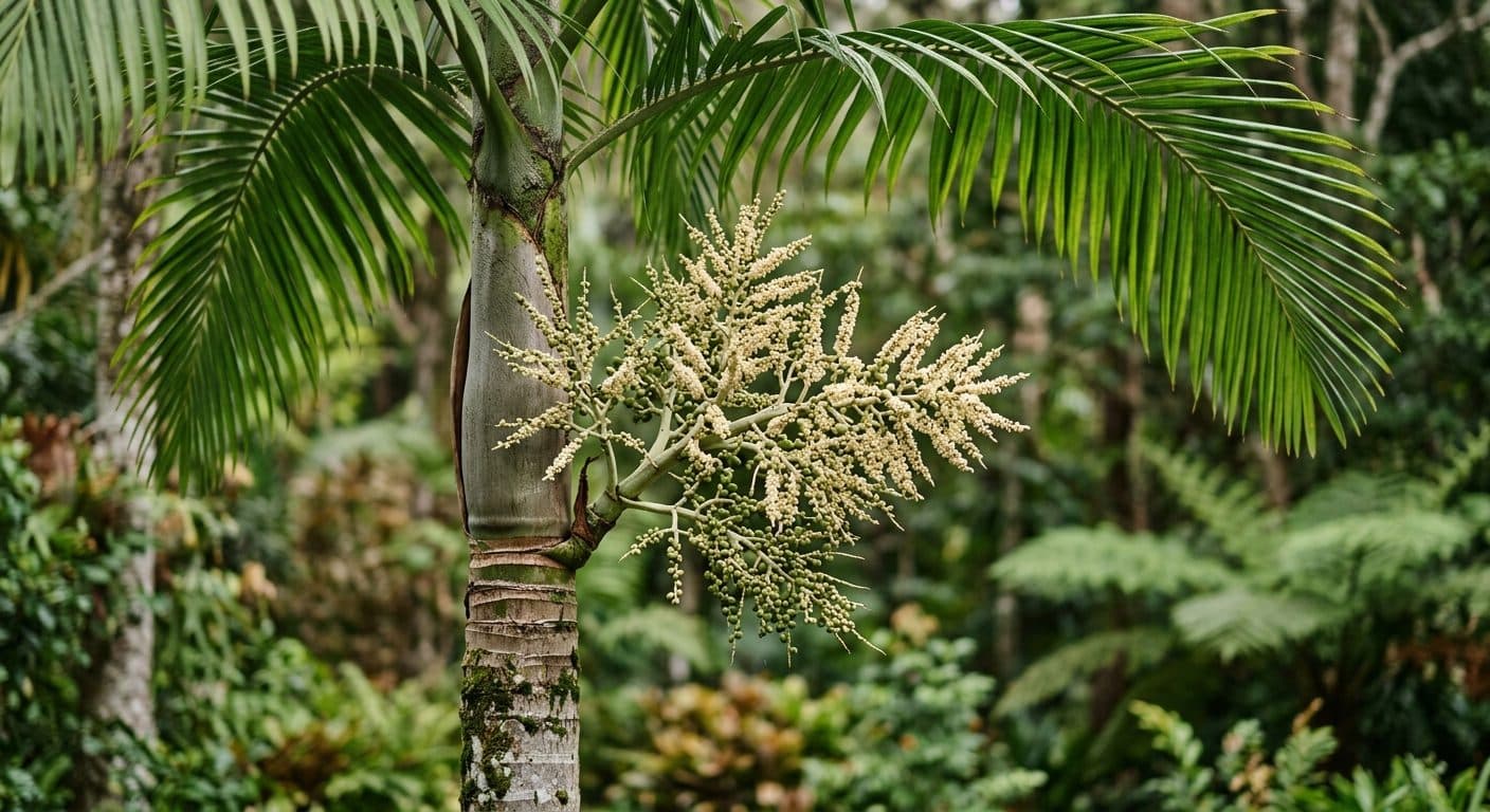 Tall bangalow palm with arching feather fronds and a slim green crownshaft in a Brisbane rainforest garden detail