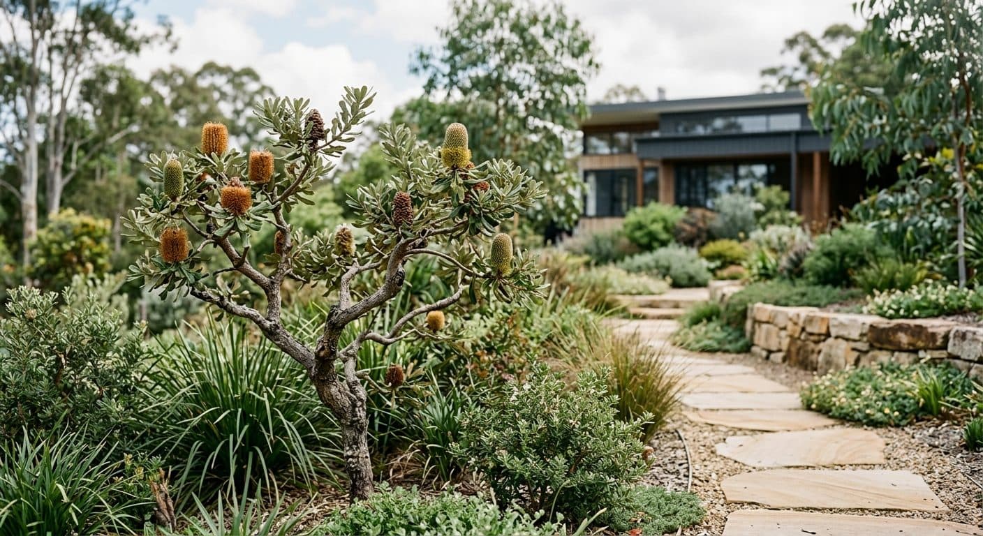 Cylindrical banksia flower spike and serrated leaves in a Brisbane native garden in a Brisbane garden setting