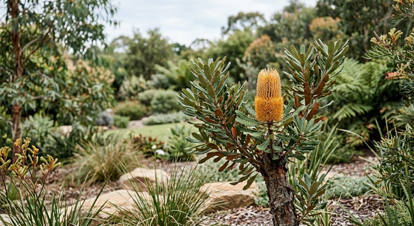 Cylindrical banksia flower spike and serrated leaves in a Brisbane native garden detail