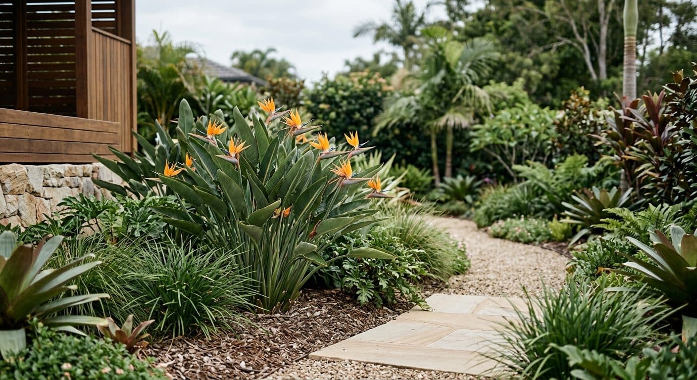 Crane-shaped orange and blue bird of paradise flower above broad paddle leaves in a Brisbane garden in a Brisbane garden setting