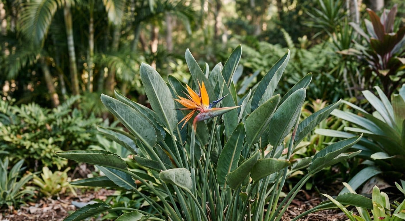 Crane-shaped orange and blue bird of paradise flower above broad paddle leaves in a Brisbane garden detail