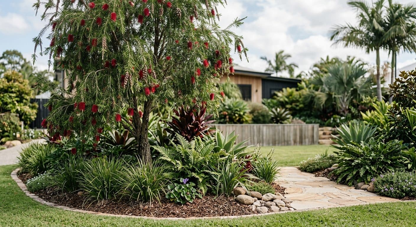 Bright red bottlebrush flower spikes among narrow green leaves in a Brisbane native garden in a Brisbane garden setting
