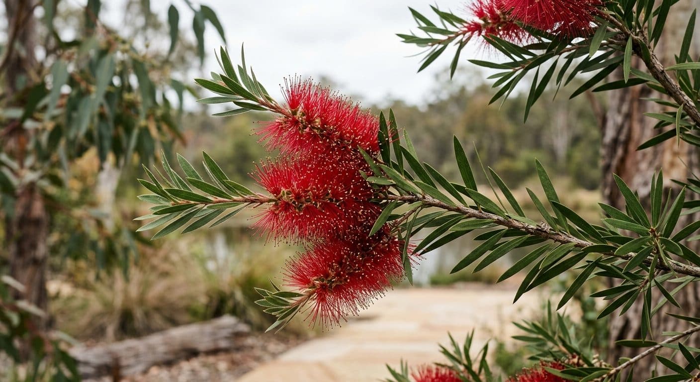Bright red bottlebrush flower spikes among narrow green leaves in a Brisbane native garden detail