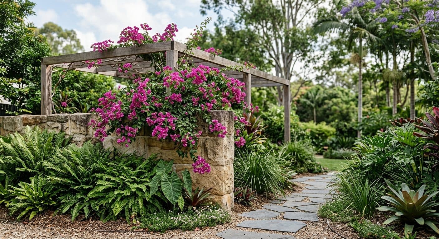 Cascade of vivid magenta bougainvillea bracts over a sunny wall in a Brisbane garden in a Brisbane garden setting