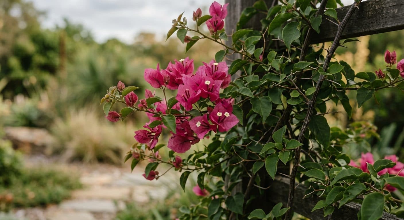Cascade of vivid magenta bougainvillea bracts over a sunny wall in a Brisbane garden detail