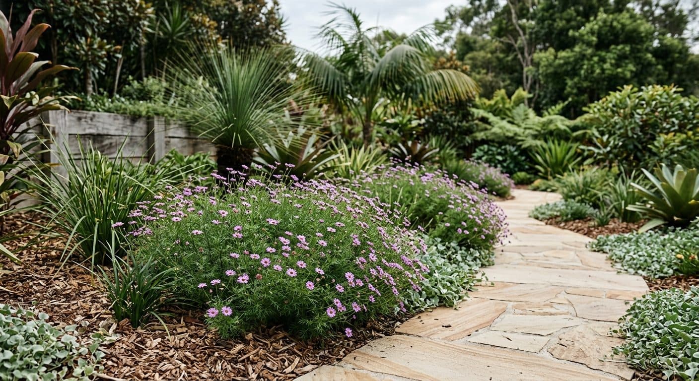 Mauve-blue native daisy flowers scattered over a soft mat of ferny foliage in a Brisbane garden in a Brisbane garden setting