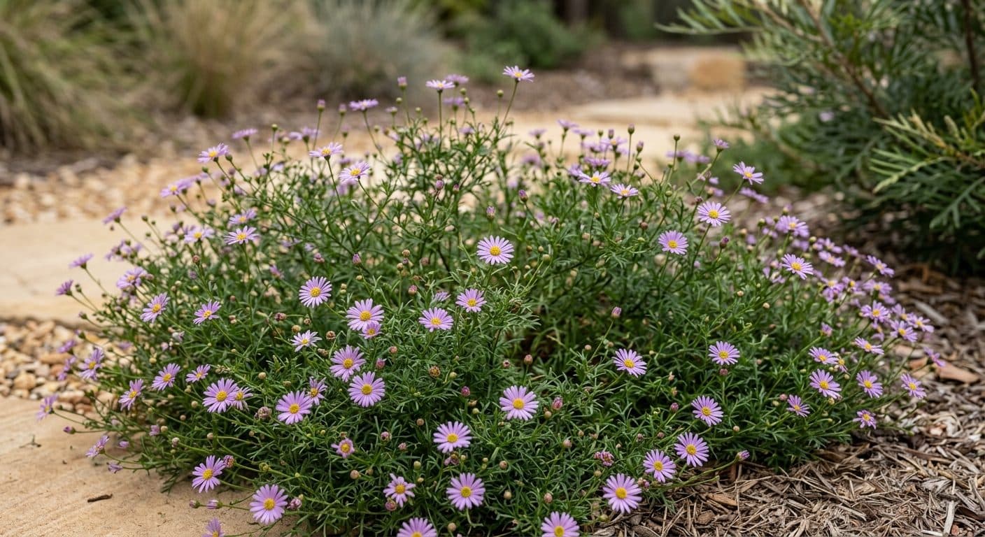 Mauve-blue native daisy flowers scattered over a soft mat of ferny foliage in a Brisbane garden detail