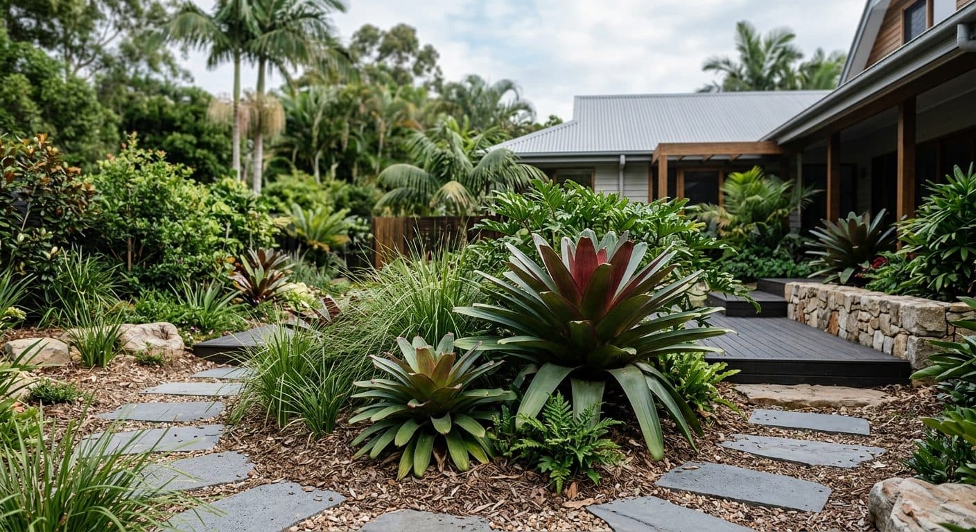 Colourful bromeliad rosette with a flushed centre nestled in dry shade in a Brisbane garden in a Brisbane garden setting