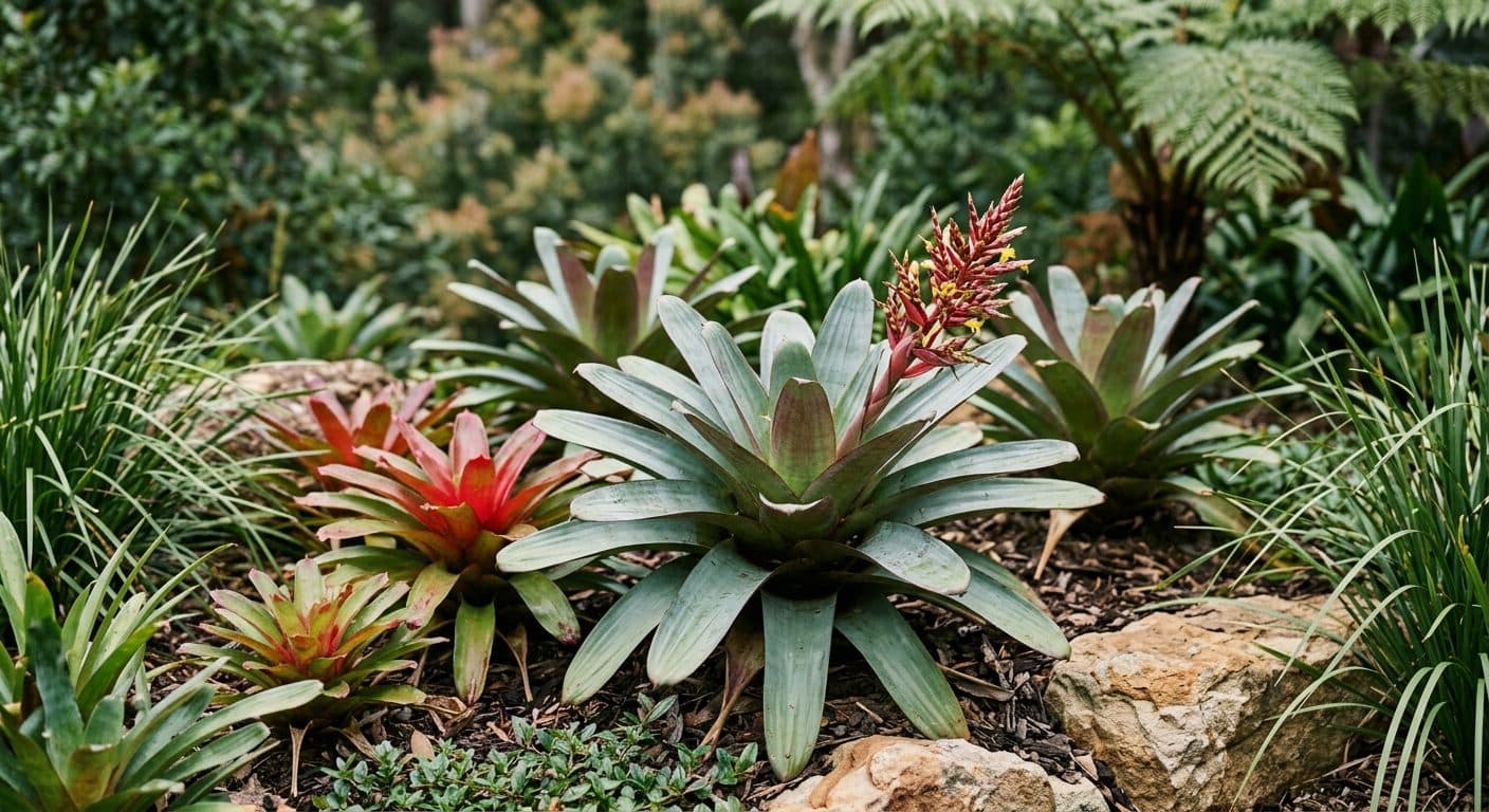 Colourful bromeliad rosette with a flushed centre nestled in dry shade in a Brisbane garden detail
