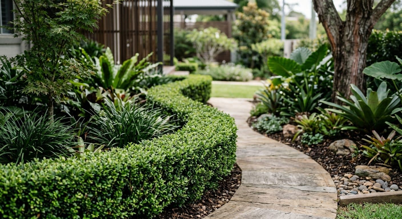 Clipped low box hedge forming a crisp green border in a formal Brisbane garden in a Brisbane garden setting