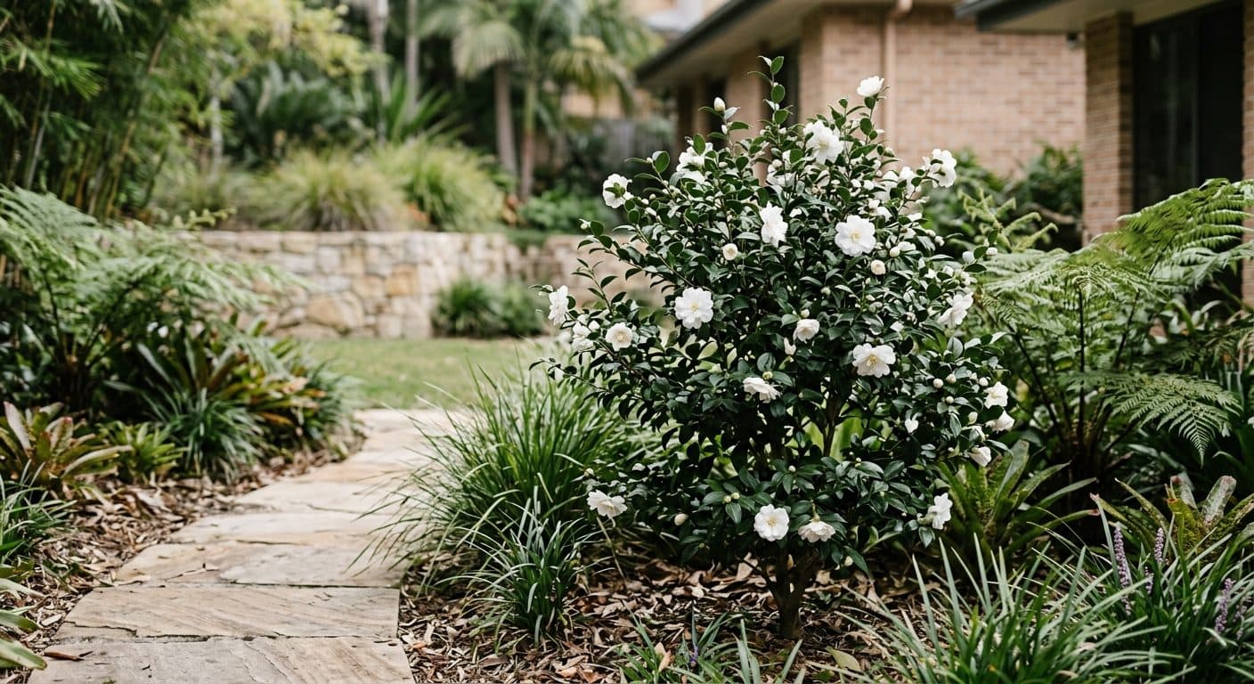 Sasanqua camellia flowers against glossy dark-green foliage in an autumn Brisbane garden in a Brisbane garden setting