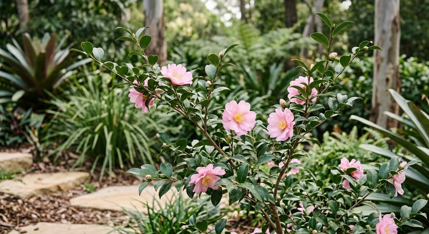 Sasanqua camellia flowers against glossy dark-green foliage in an autumn Brisbane garden detail