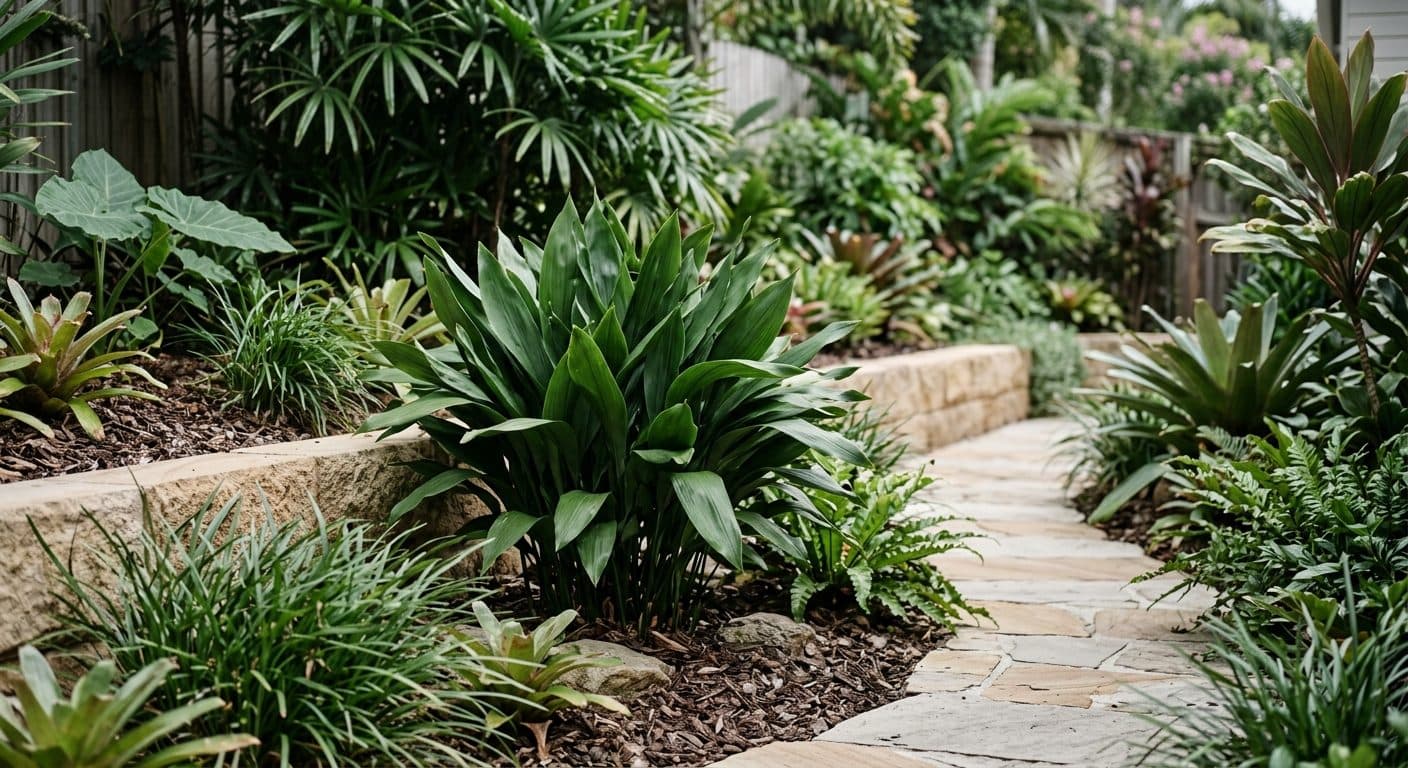 Upright broad glossy dark-green cast iron plant leaves filling a shady dry corner of a Brisbane garden in a Brisbane garden setting