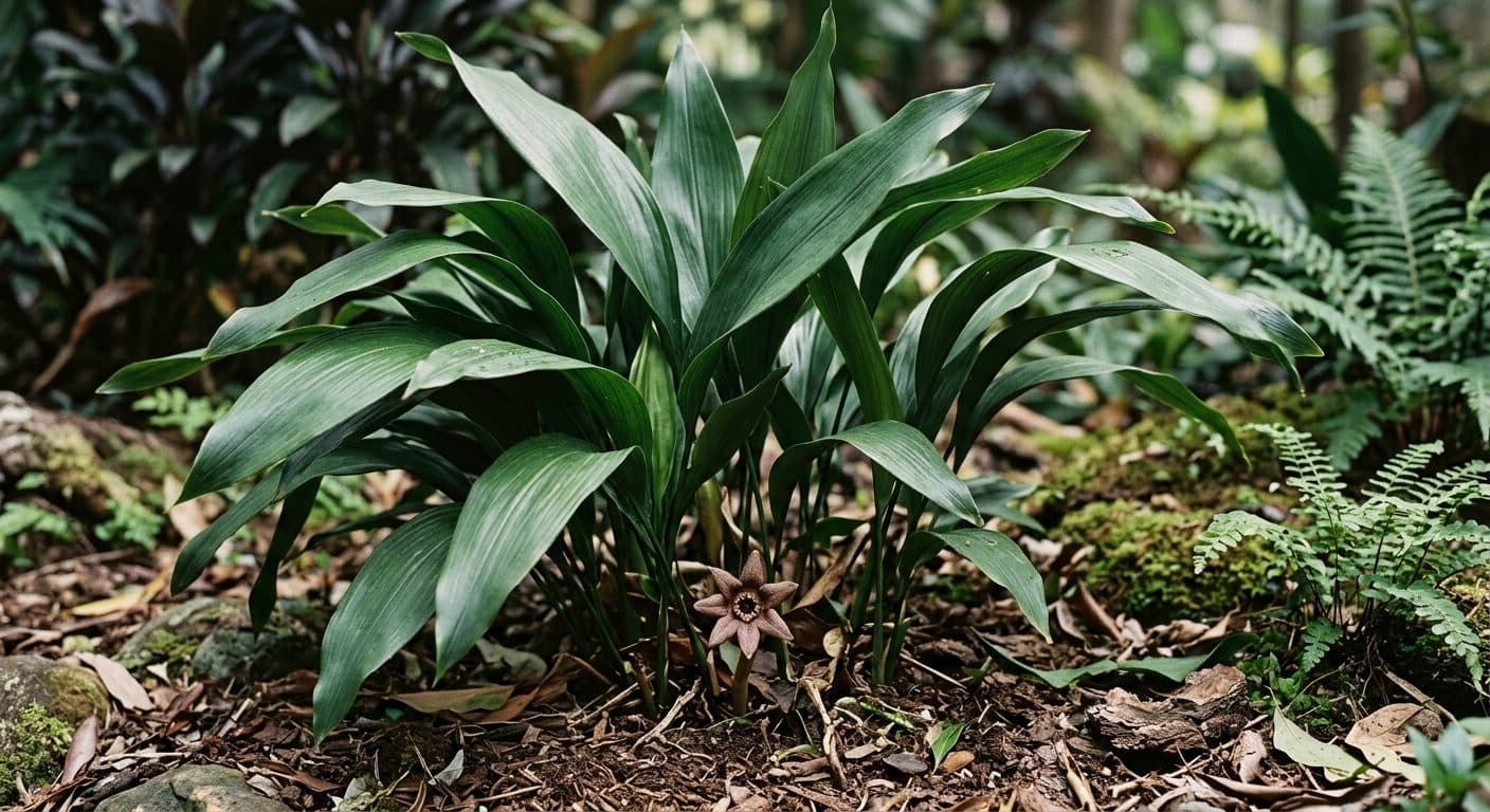 Upright broad glossy dark-green cast iron plant leaves filling a shady dry corner of a Brisbane garden detail