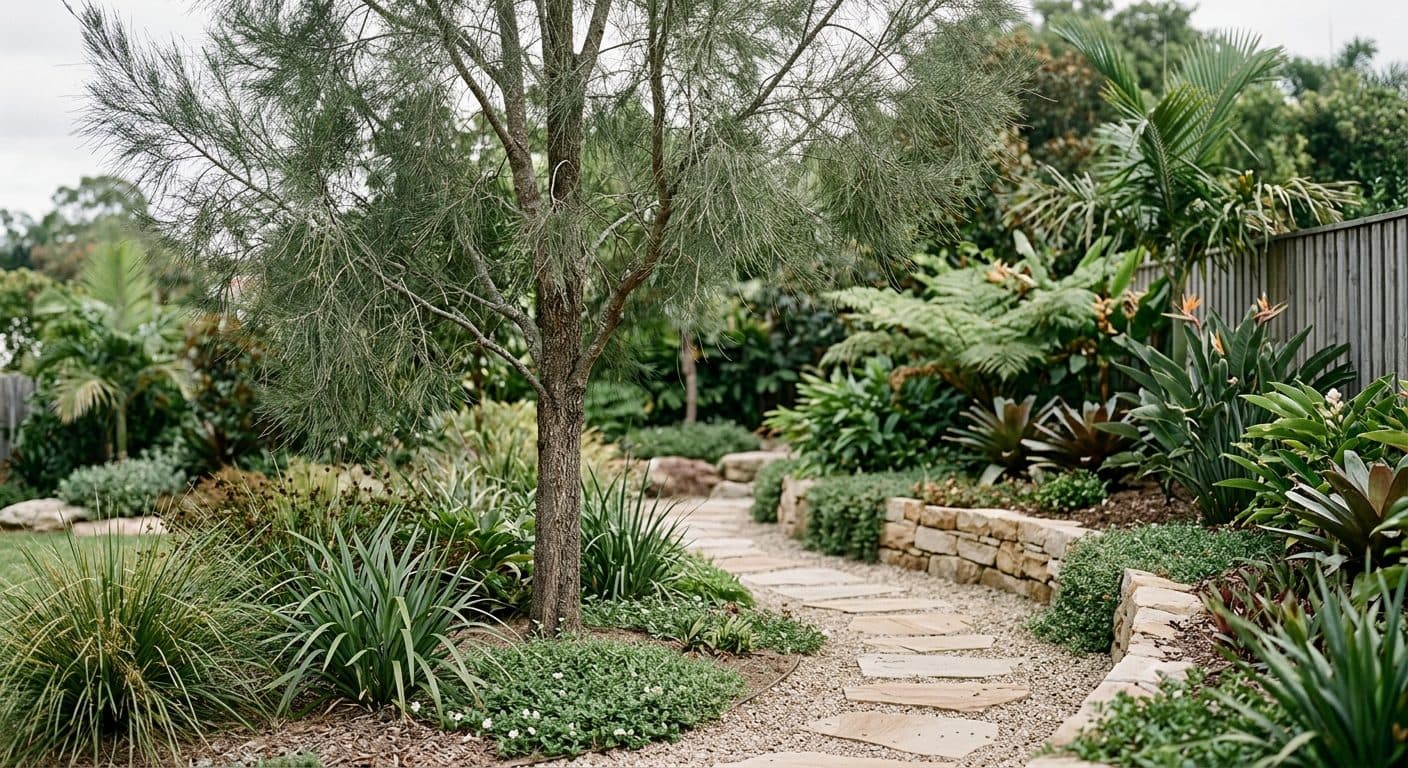 Weeping fine needle-like she-oak foliage catching the breeze in a coastal Brisbane garden in a Brisbane garden setting
