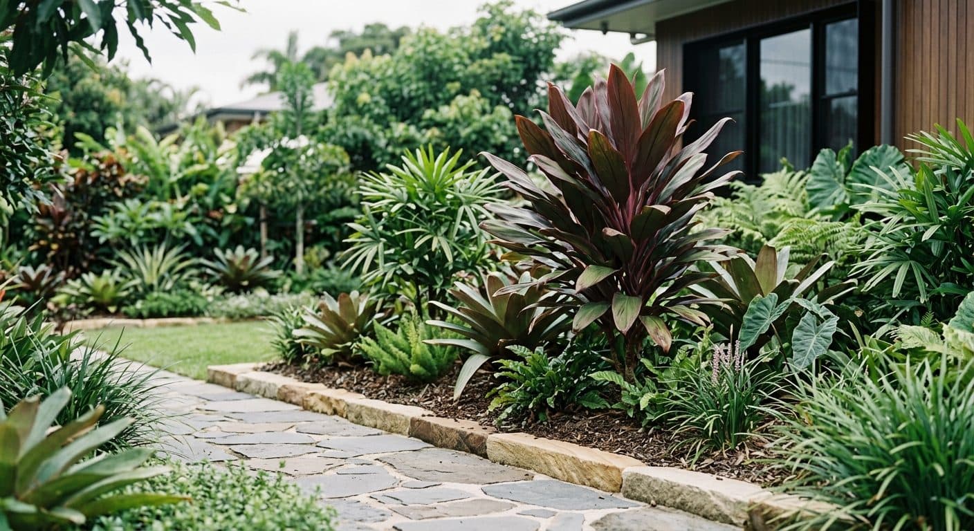 Upright cordyline with strappy burgundy, pink and cream leaves bringing colour to a Brisbane garden bed in a Brisbane garden setting