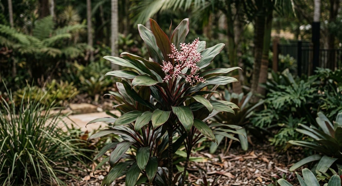 Upright cordyline with strappy burgundy, pink and cream leaves bringing colour to a Brisbane garden bed detail