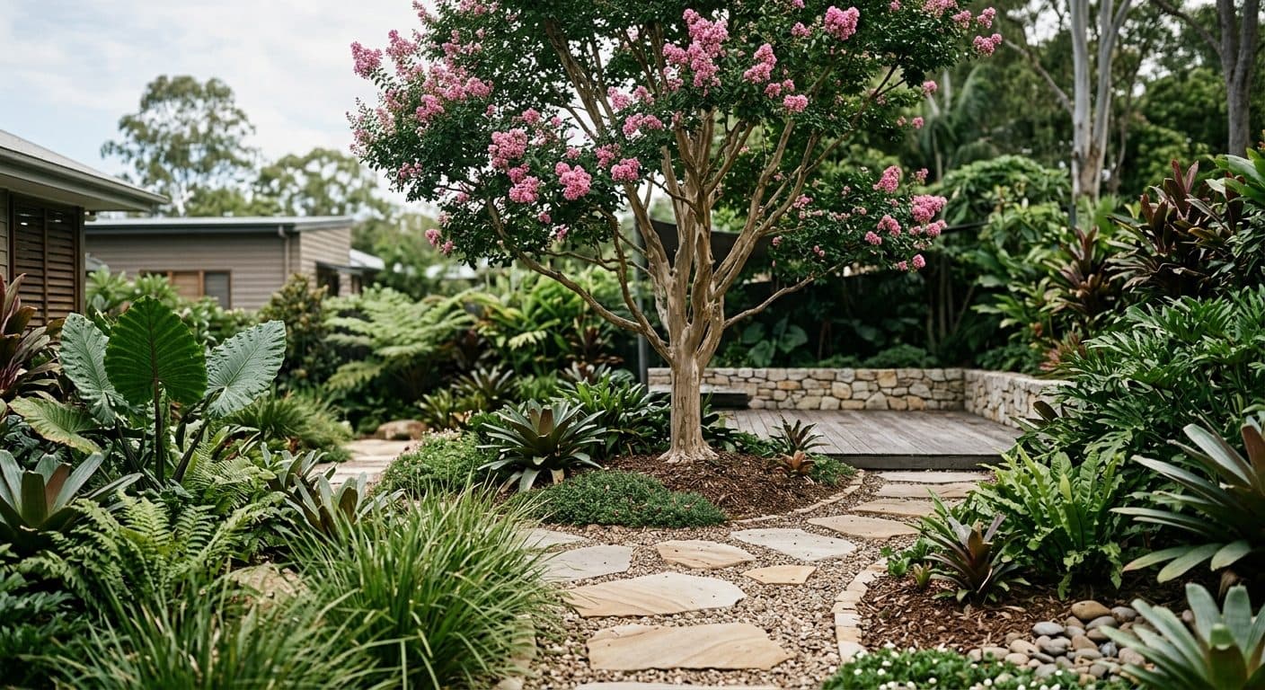 Crepe myrtle in full summer bloom with crinkled crepe-textured flower clusters in a Brisbane garden in a Brisbane garden setting