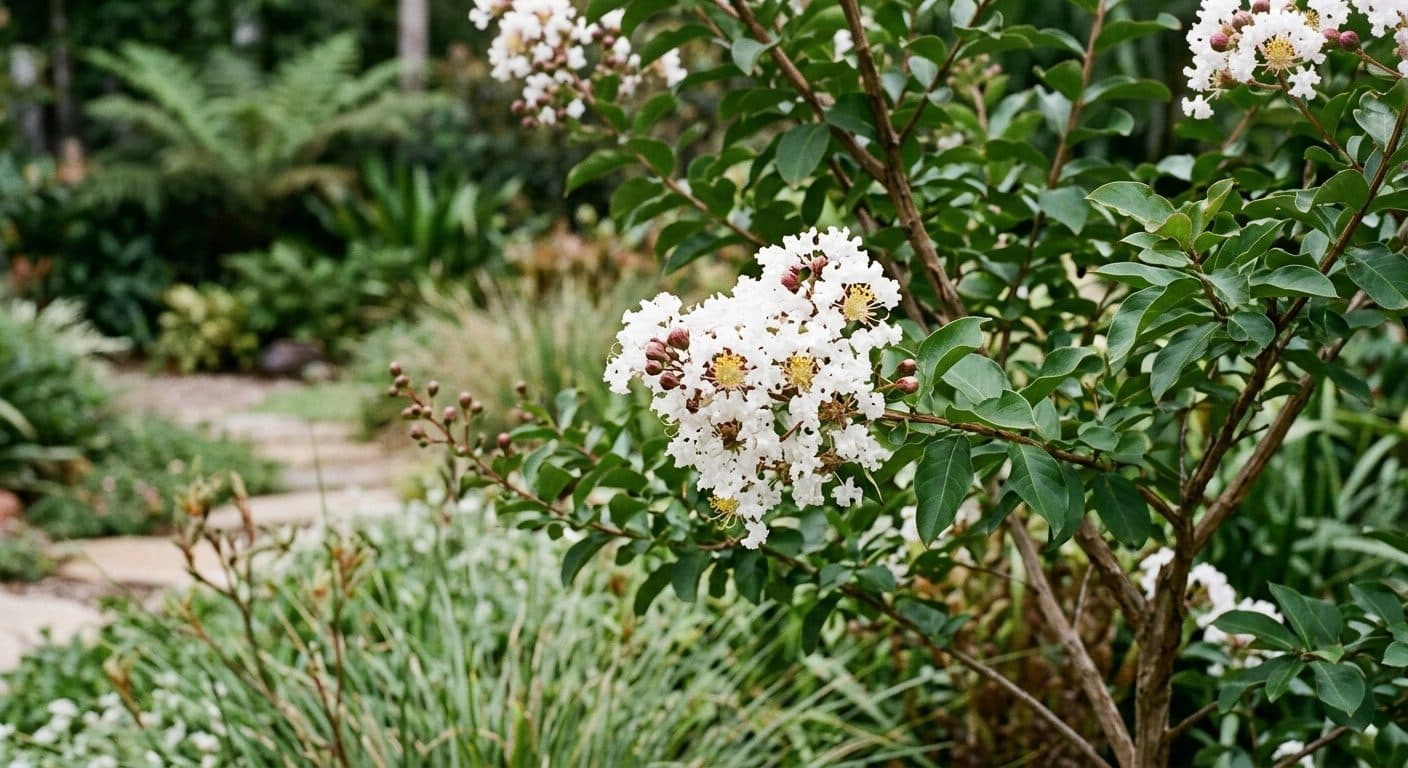 Crepe myrtle in full summer bloom with crinkled crepe-textured flower clusters in a Brisbane garden detail