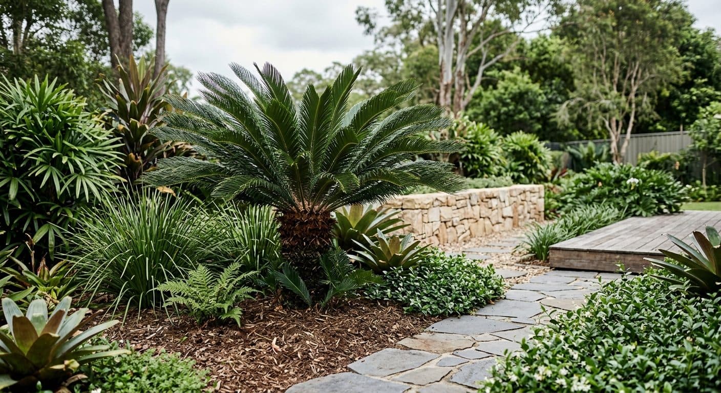 Symmetrical rosette of stiff dark-green cycad fronds radiating from a stout trunk in a Brisbane garden in a Brisbane garden setting