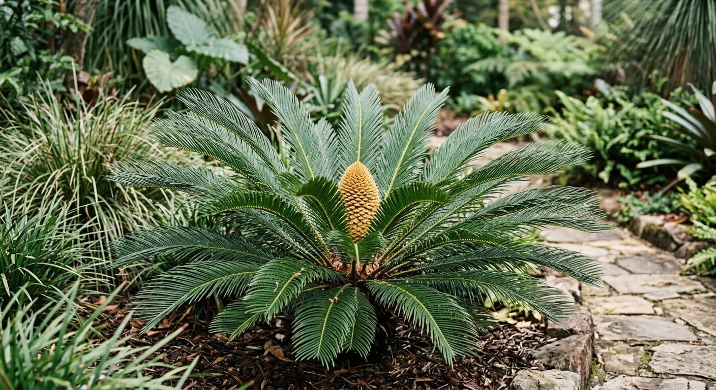 Symmetrical rosette of stiff dark-green cycad fronds radiating from a stout trunk in a Brisbane garden detail