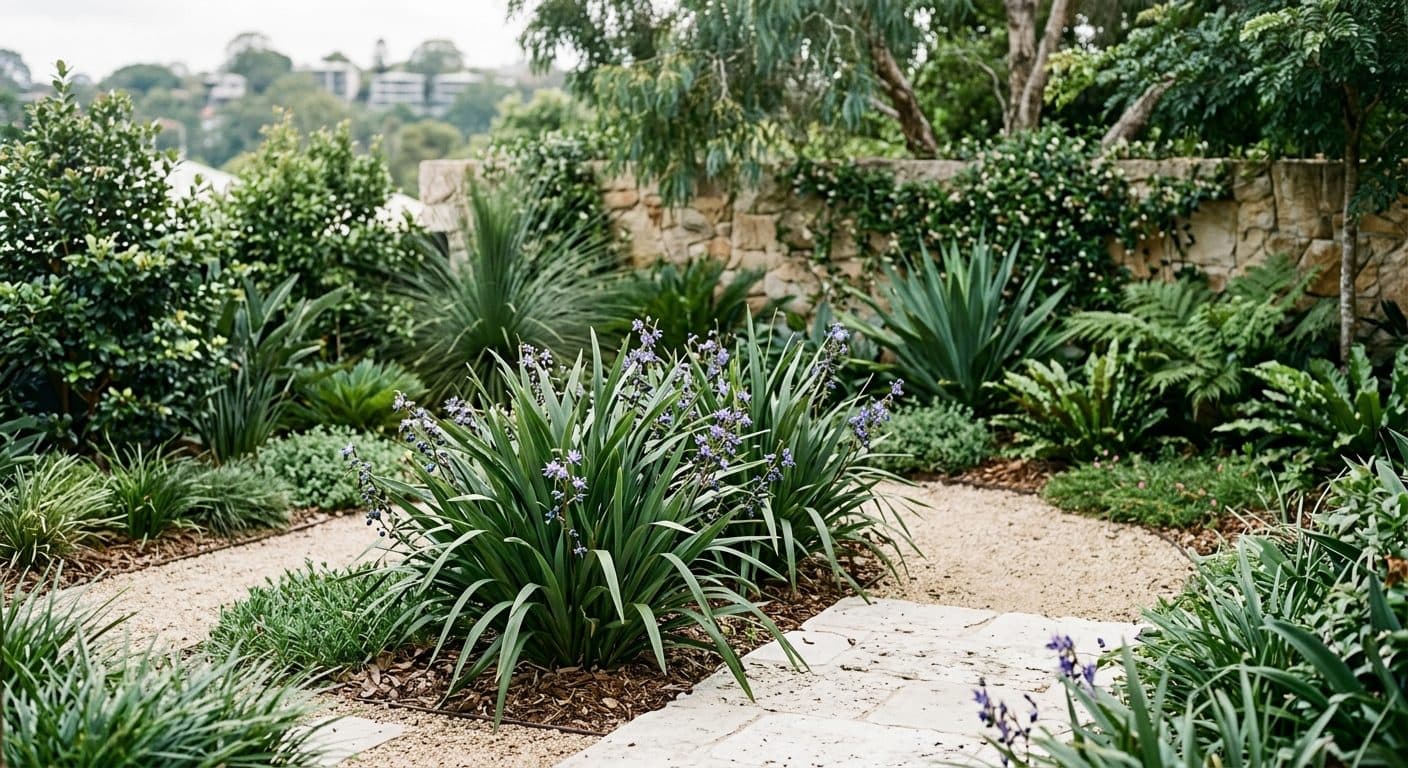 Strappy blue-green flax lily foliage with small blue star flowers and violet berries in a Brisbane garden in a Brisbane garden setting
