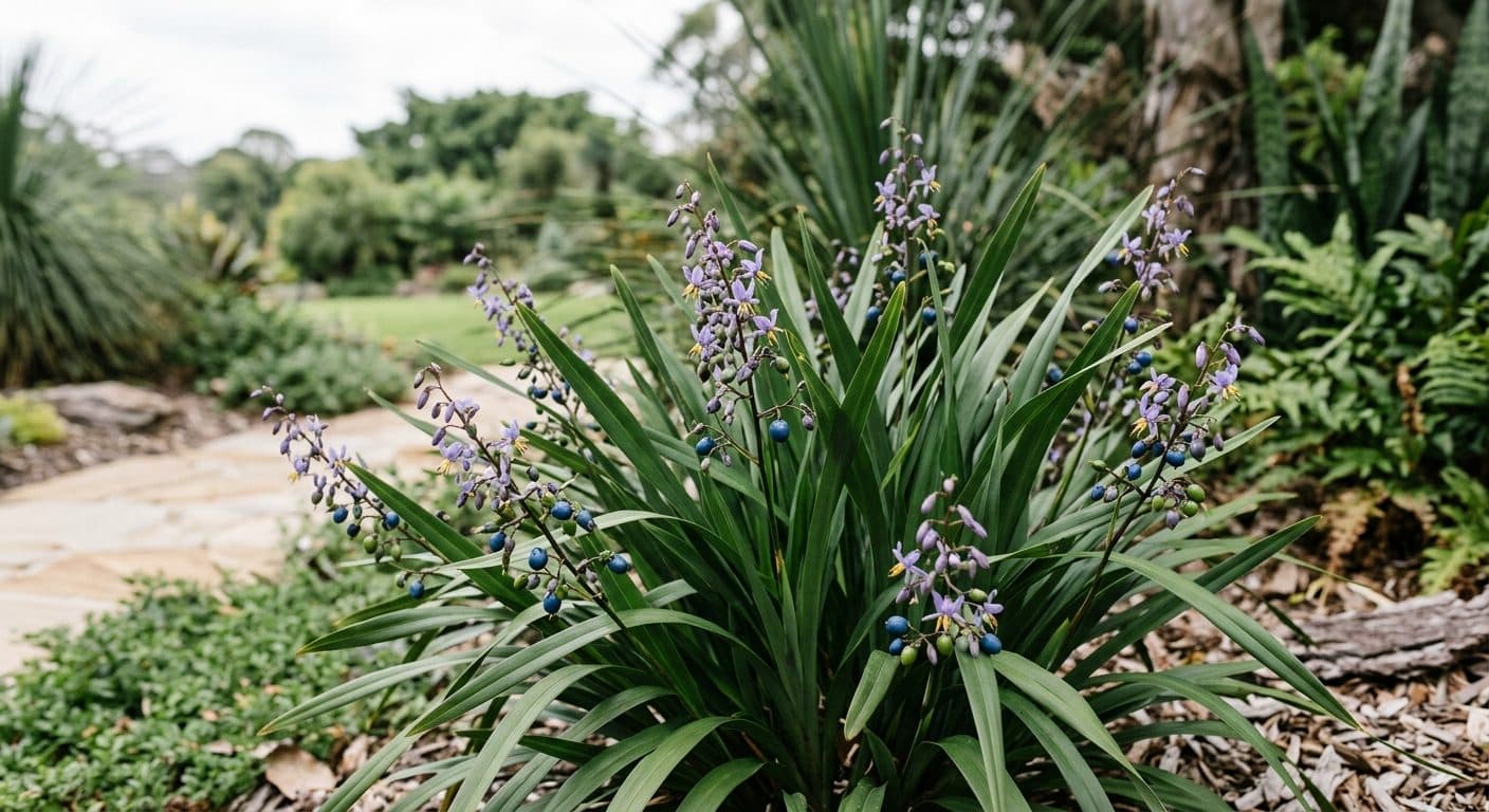 Strappy blue-green flax lily foliage with small blue star flowers and violet berries in a Brisbane garden detail