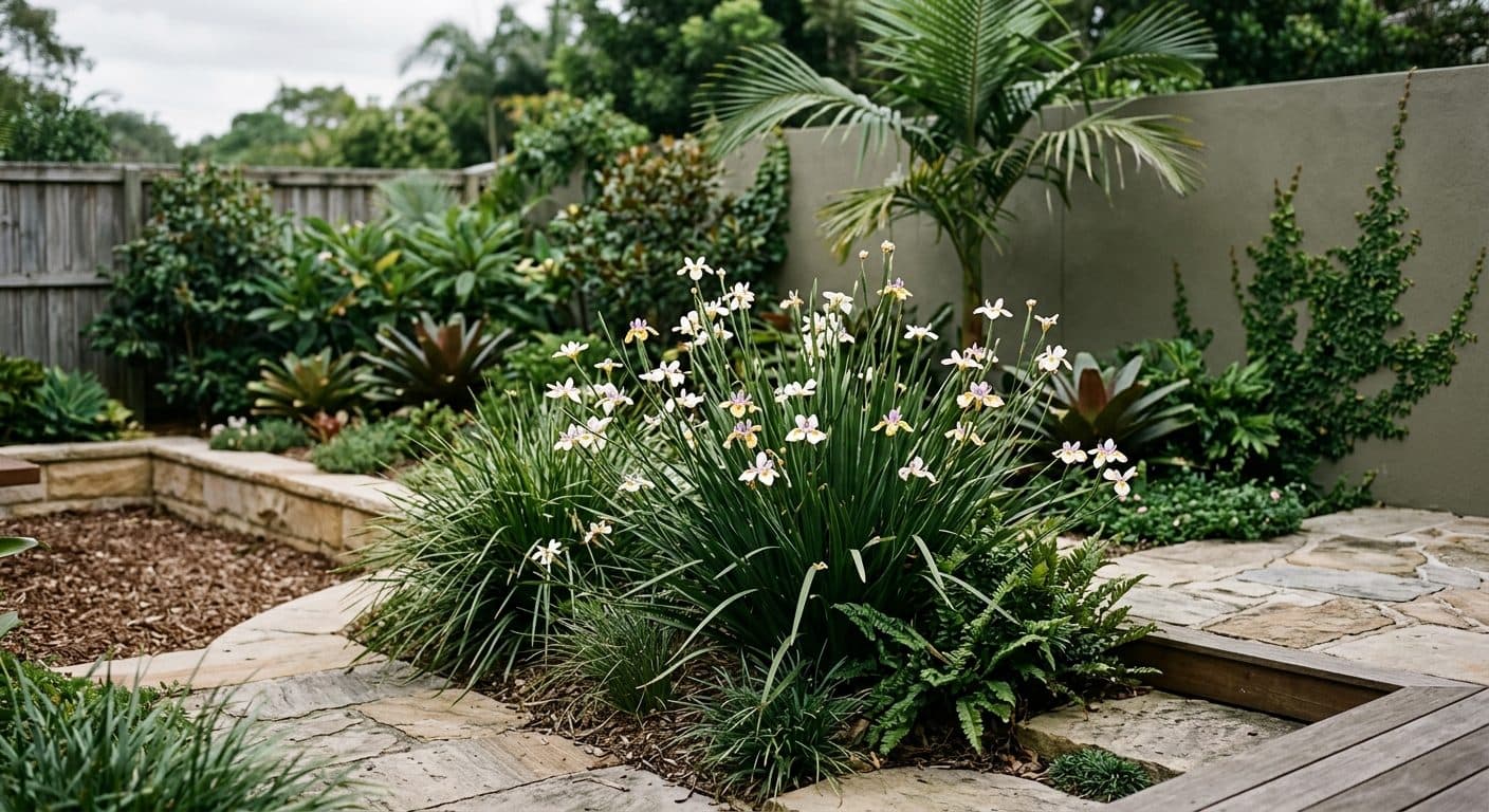 White iris-like fortnight lily flowers above upright strappy foliage in a Brisbane garden in a Brisbane garden setting