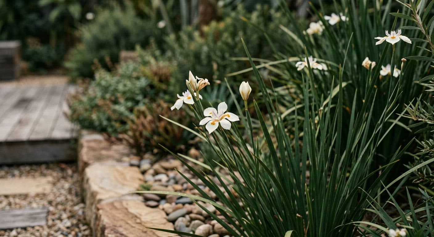 White iris-like fortnight lily flowers above upright strappy foliage in a Brisbane garden detail