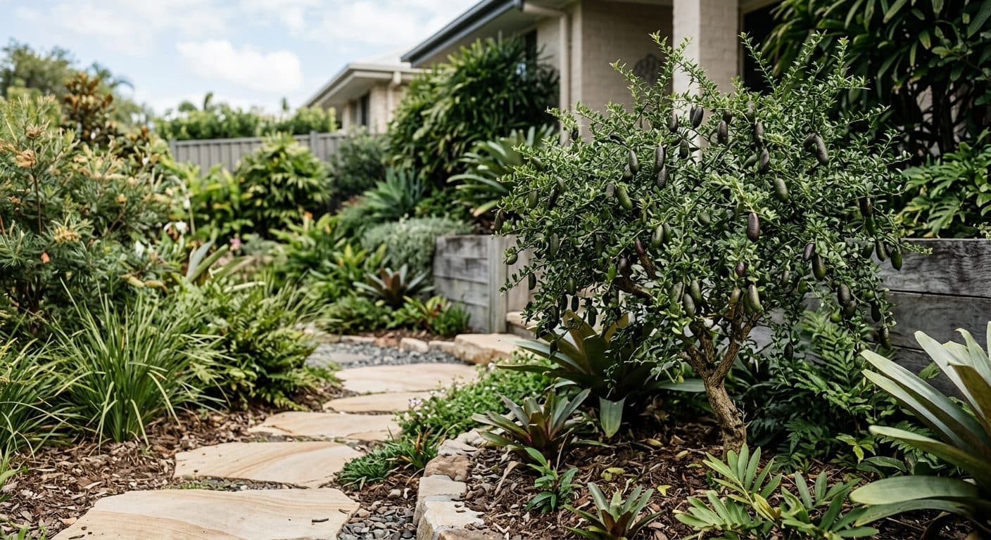 Finger-shaped native lime fruit among small leaves and thorns on a finger lime shrub in a Brisbane garden in a Brisbane garden setting