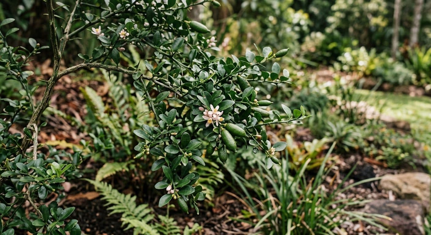 Finger-shaped native lime fruit among small leaves and thorns on a finger lime shrub in a Brisbane garden detail