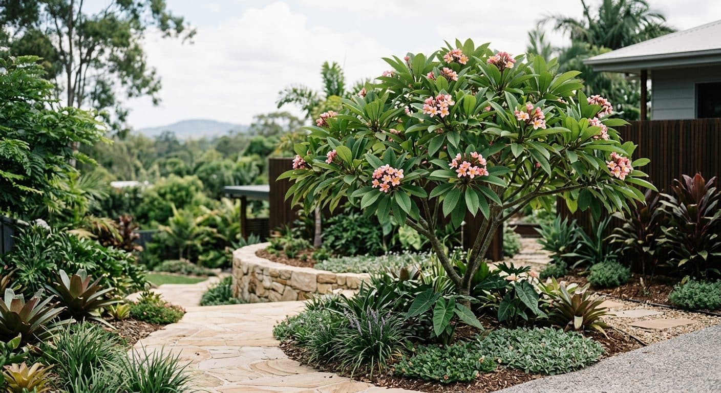 Clusters of perfumed frangipani flowers with waxy petals against bare sculptural branches in a Brisbane garden in a Brisbane garden setting