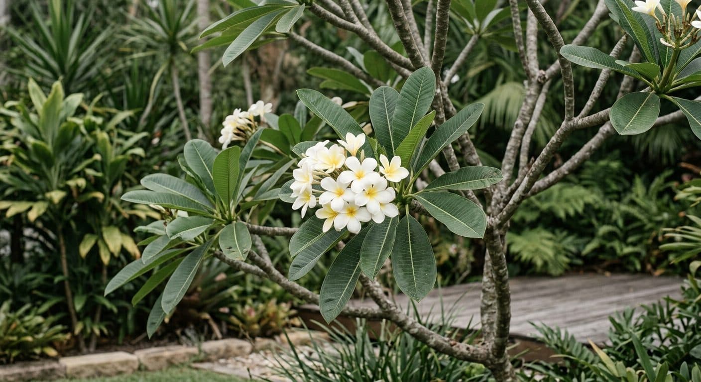 Clusters of perfumed frangipani flowers with waxy petals against bare sculptural branches in a Brisbane garden detail
